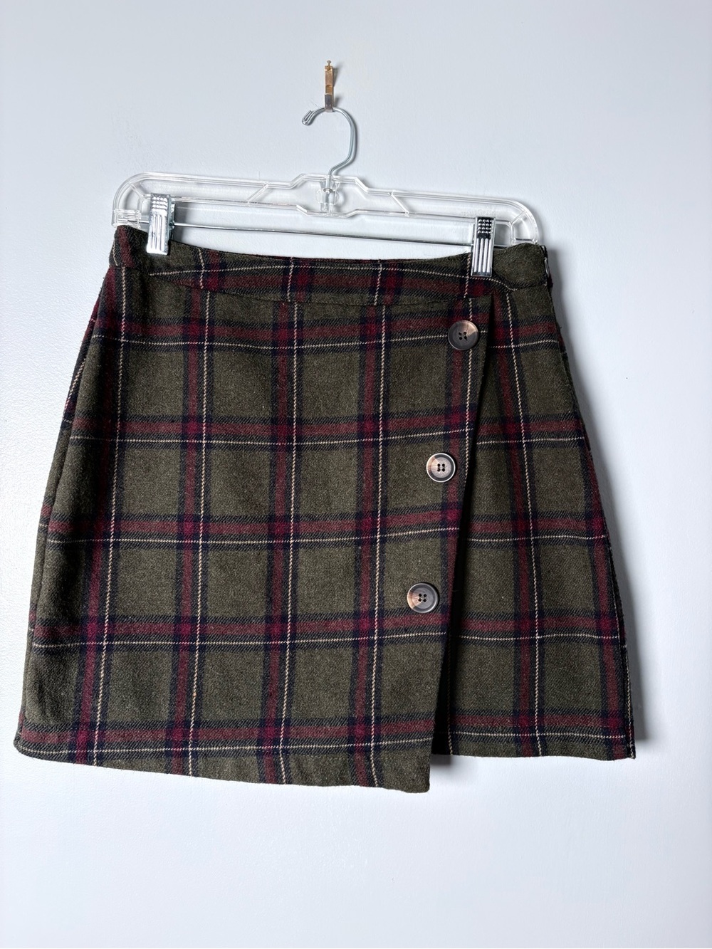 Vestique Womens L Plaid Wrap Skirt Olive Green Burgundy Asymmetric Button Front
